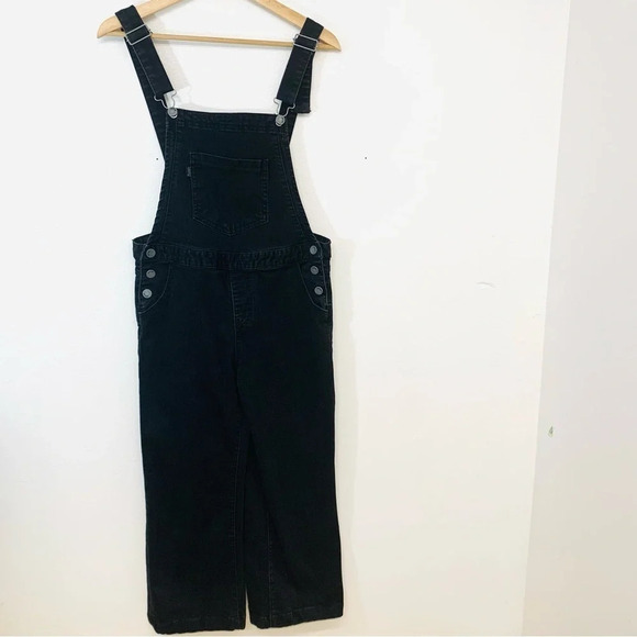 Denim Overalls Woman 28  Black Straight Crop Stretch Pockets  Mid Rise Y2K Retro - Picture 1 of 13